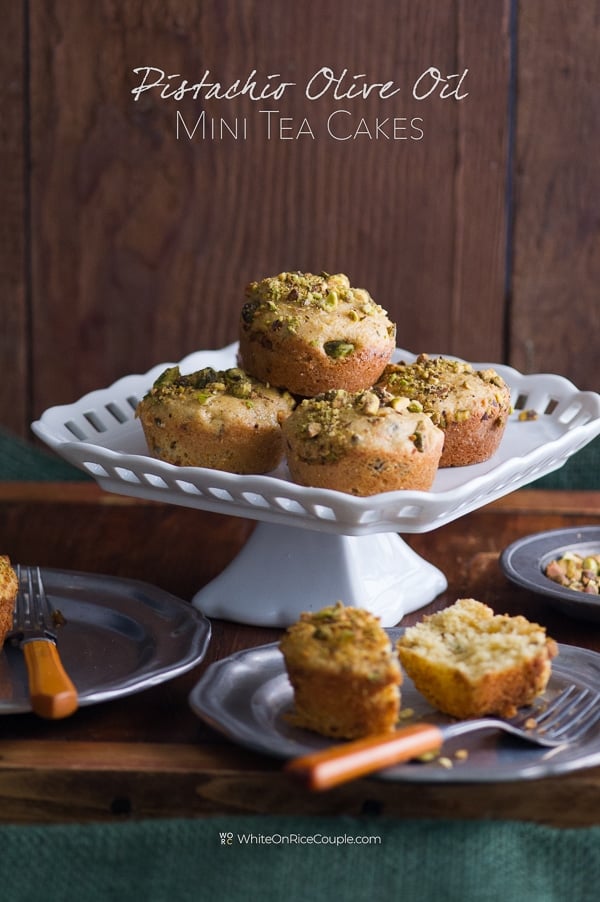 Pistachio Olive Oil Mini Tea Cakes Recipe | WhiteOnRiceCouple.com Pistachio Olive Oil Mini Tea Cakes on a platter