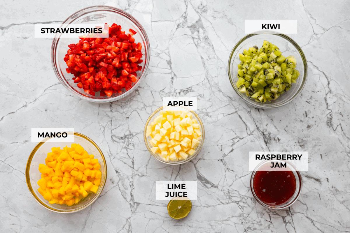 Overhead shot of labeled ingredients. 