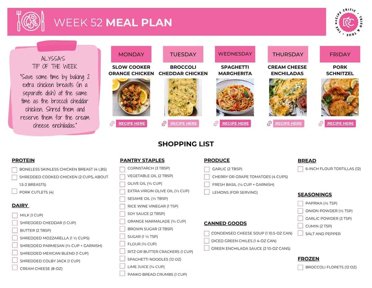 Weekly Meal Plan # 52.