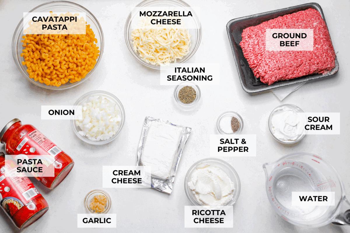 Overhead shot of labeled ingredients. 
