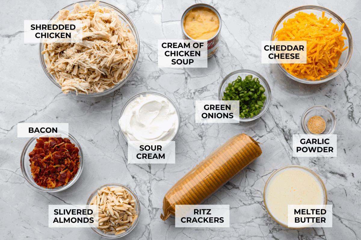 Overhead shot of labeled Neiman Marcus chicken casserole ingredients. 