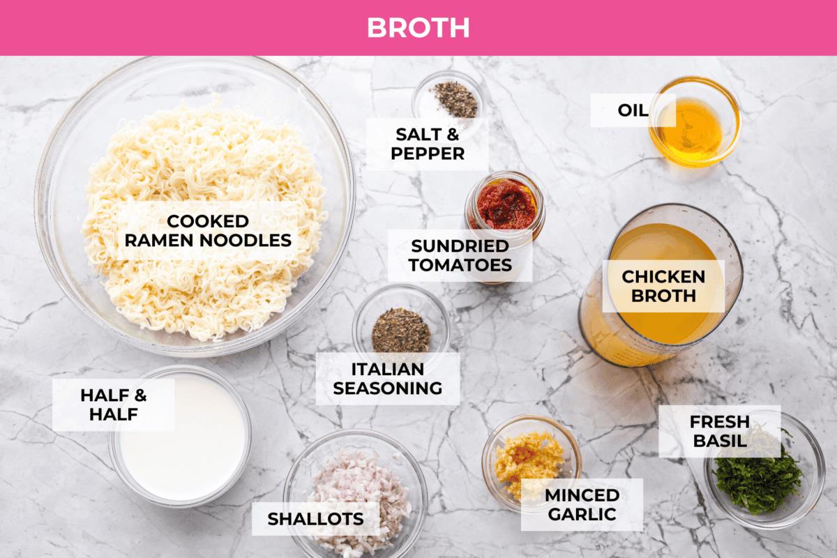 Overhead shot of labeled marry me ramen broth ingredients. 