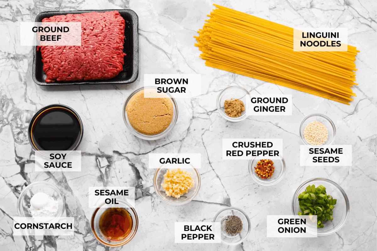 Overhead shot of labeled ingredients.