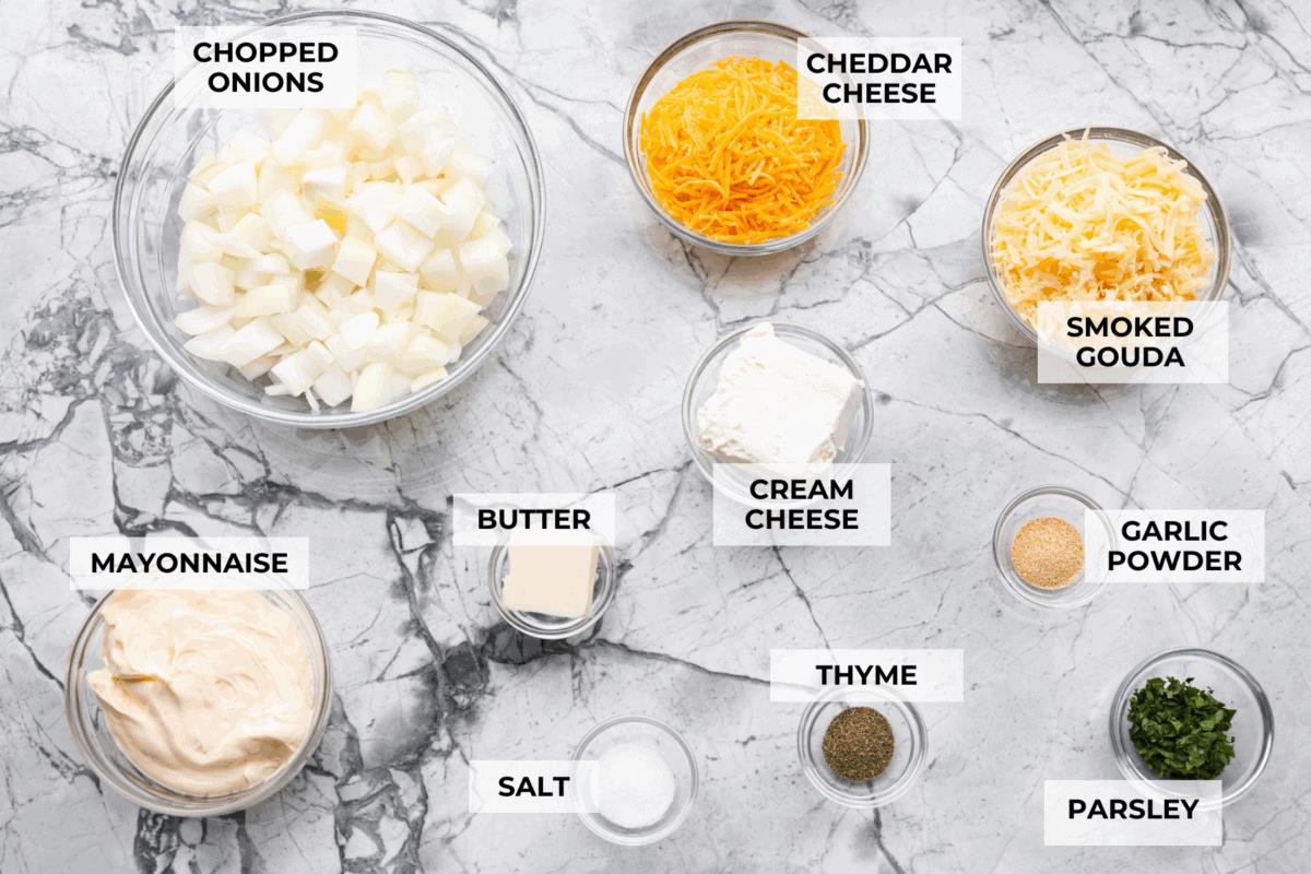 Overhead shot of labeled Tennessee onion dip ingredients. 