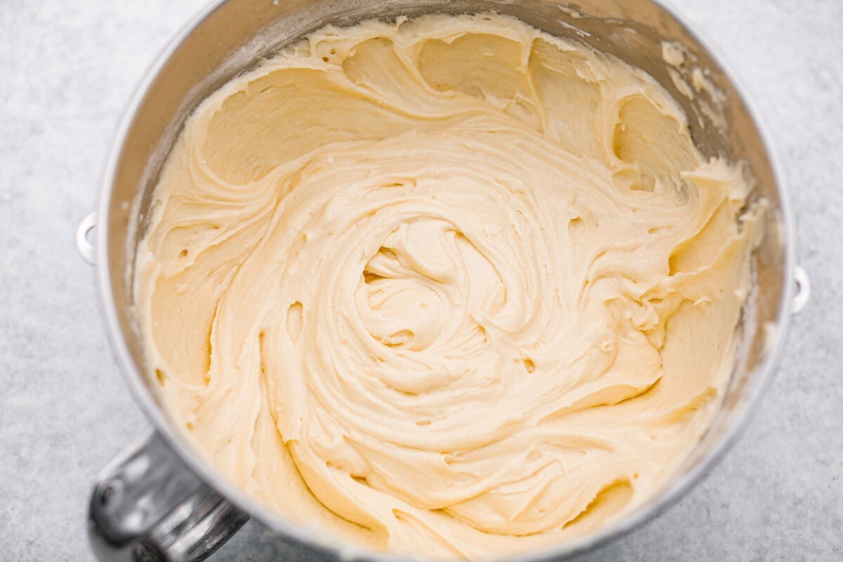 Sour cream pound cake batter in a bowl. 