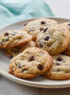 chocolate chip cookies on plate.