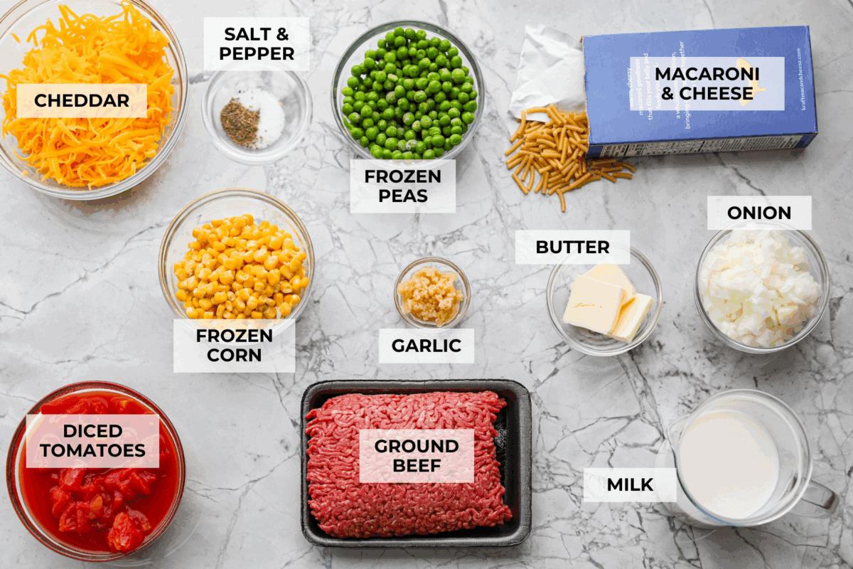 Overhead shot of labeled shipwreck casserole ingredients. 