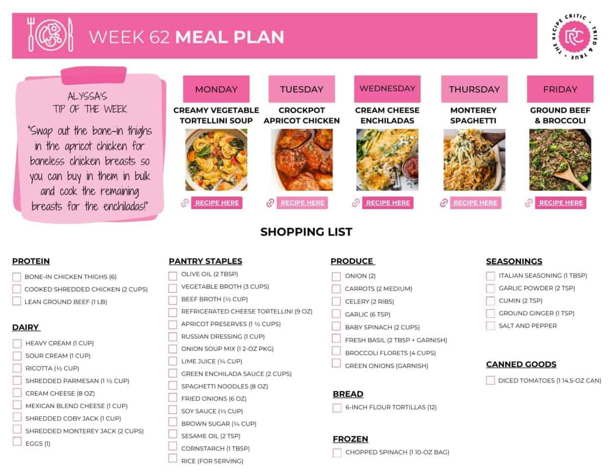 Get ready to make weeknights easier with this free Weekly Meal Plan! You’ll find 5 family-friendly dinners plus a free printable grocery list to keep you organized. With tried-and-true recipes that are simple to make and always delicious, this plan is your shortcut to stress-free dinners all week long. Free printable shopping list for this weekly meal plan.
