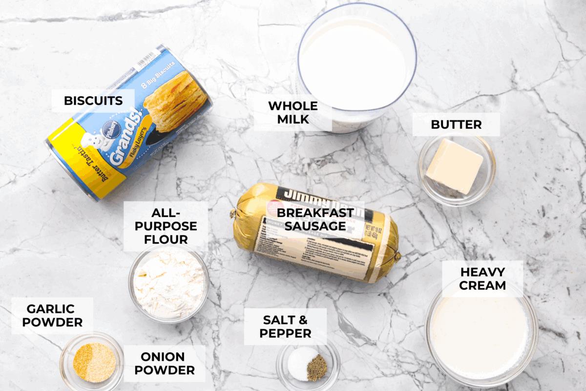 Overhead shot of labeled ingredients.
