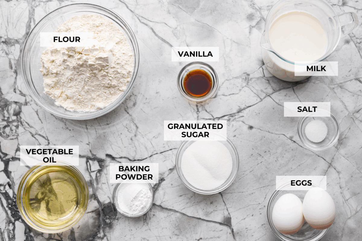 Overhead shot of labeled ingredients. 