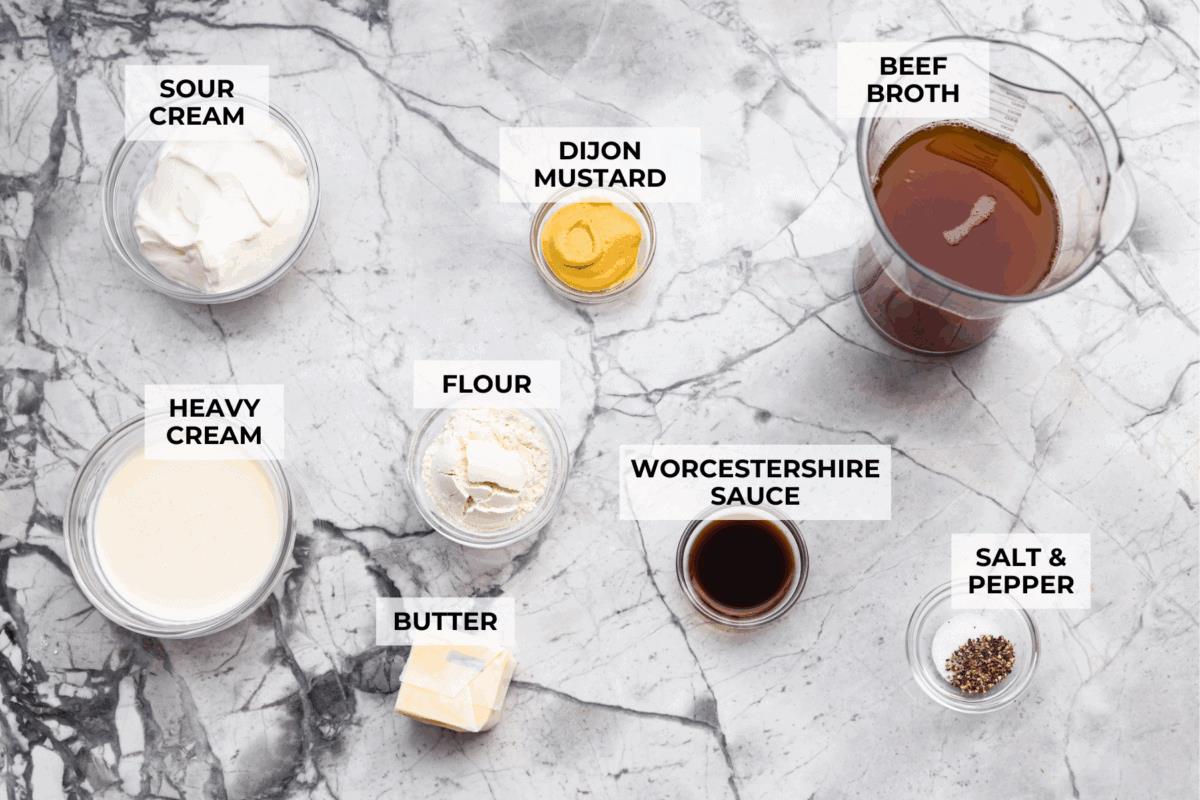 Overhead shot of labeled sour cream gravy ingredients. 