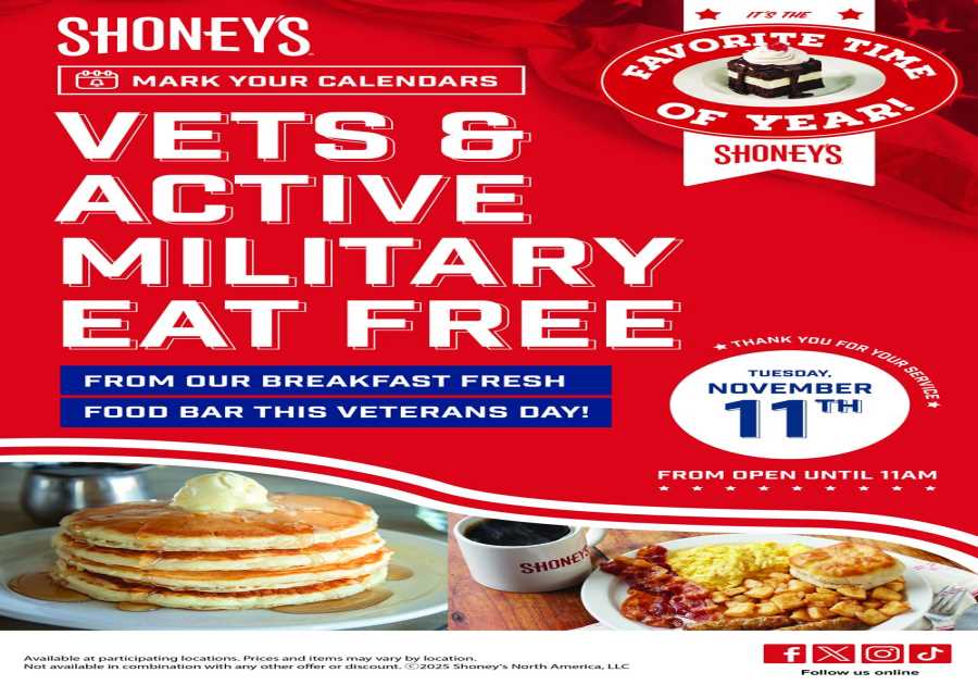 Shoney's Ready to Express Its Inmost Thankfulness for Professionals and Soldiers on Veterans Day by Offering Them the very best Morning Meal around, With Its Newly Prepared Legendary Morning Meal Bar, totally free
