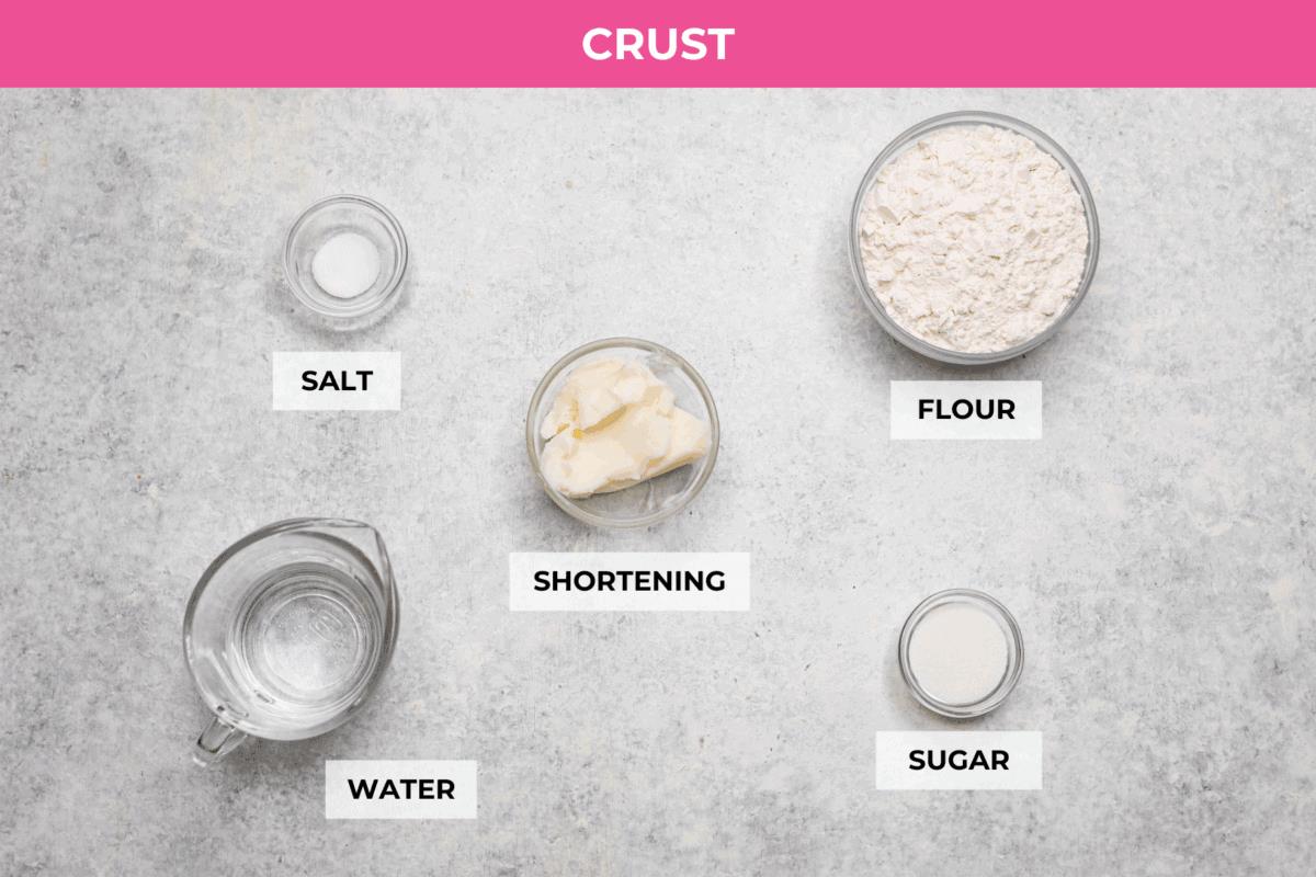 Overhead shot of labeled crust ingredients. 