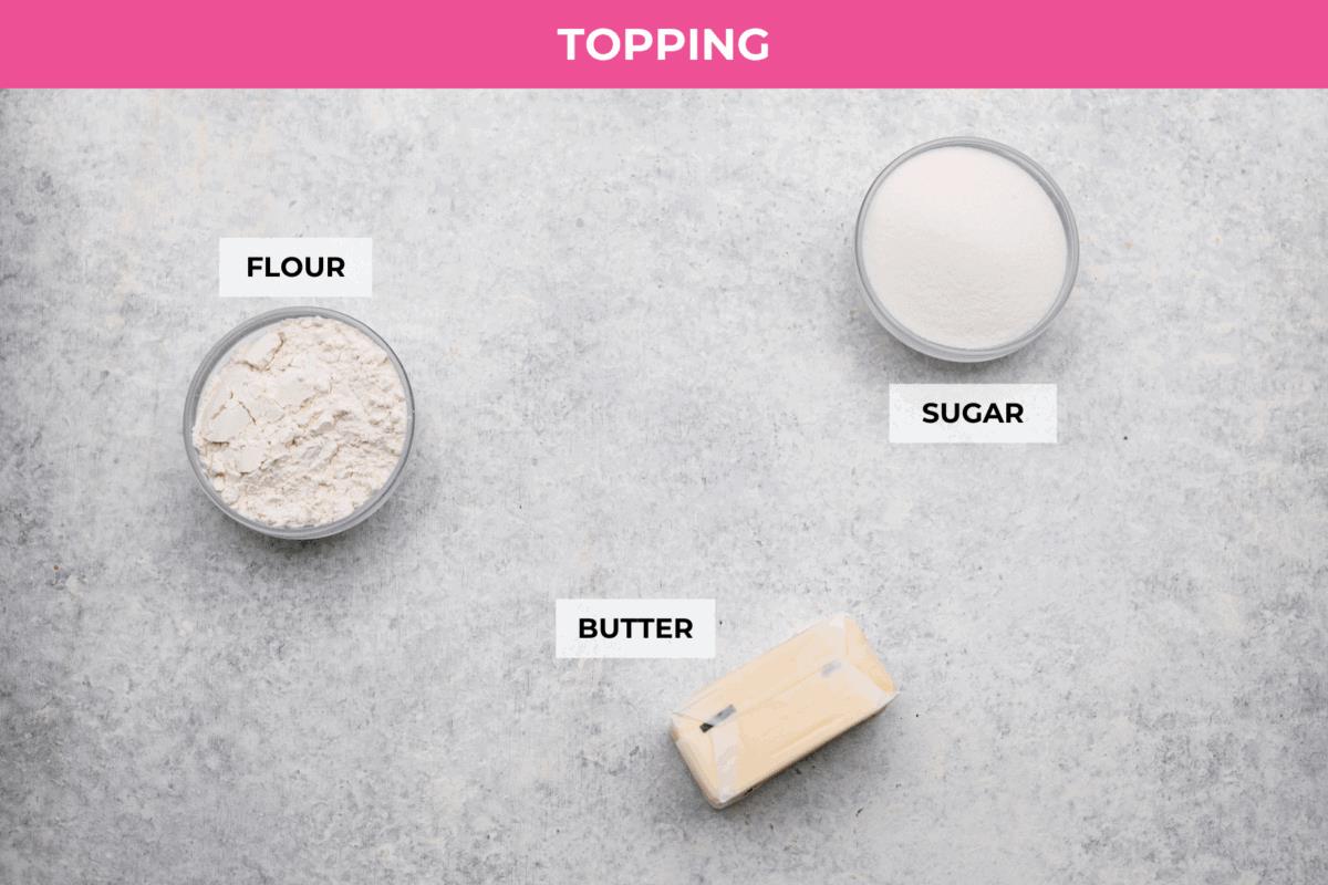 Overhead shot of labeled topping ingredients. 