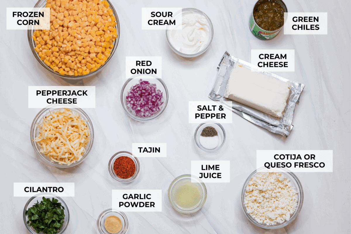 Overhead shot of labeled slow cooker Mexican street corn dip. 