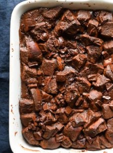 Chocolate bread pudding in a baking dish.