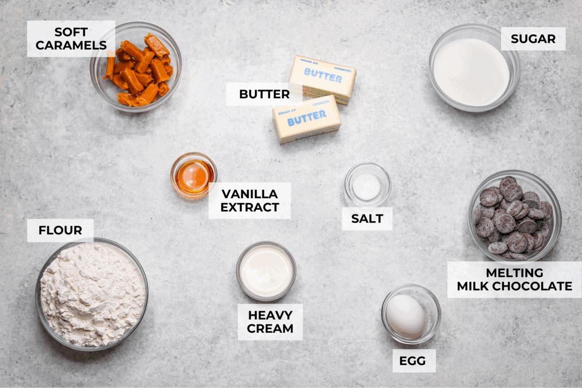 Overhead shot of labeled Twix thumbprint cookie ingredients.