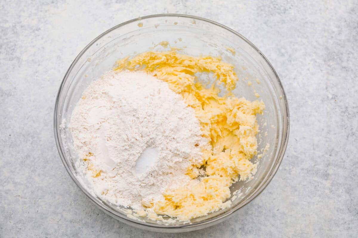 Dry ingredients added to the butter mixture. 