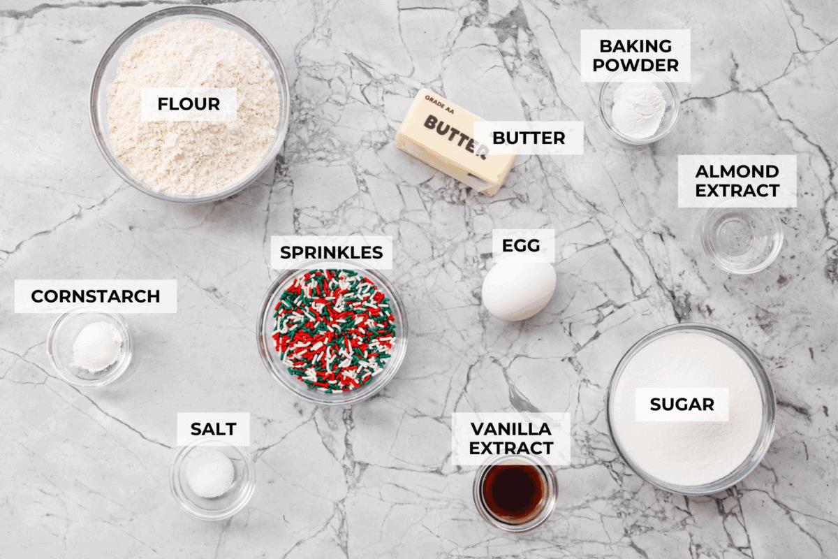 Overhead shot of labeled ingredients.
