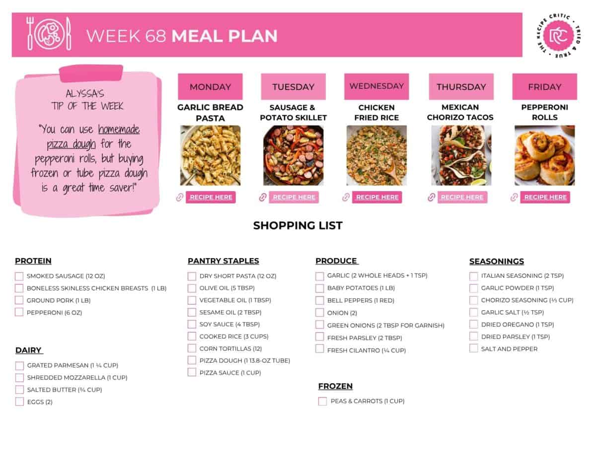 Image of the free shopping list for this weekly meal plan.