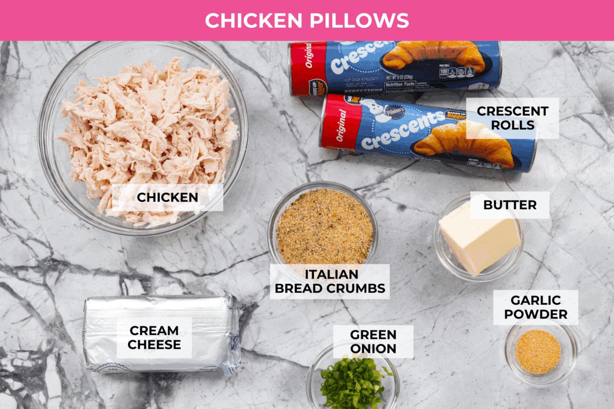 Overhead shot of labeled chicken pillow ingredients.