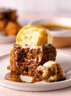 sticky toffee pudding topped with ice cream