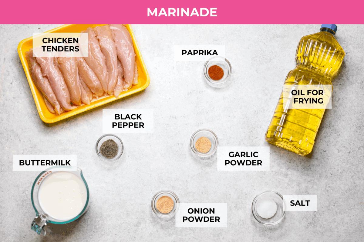 Overhead shot of labeled raising canes chicken marinade ingredients. 