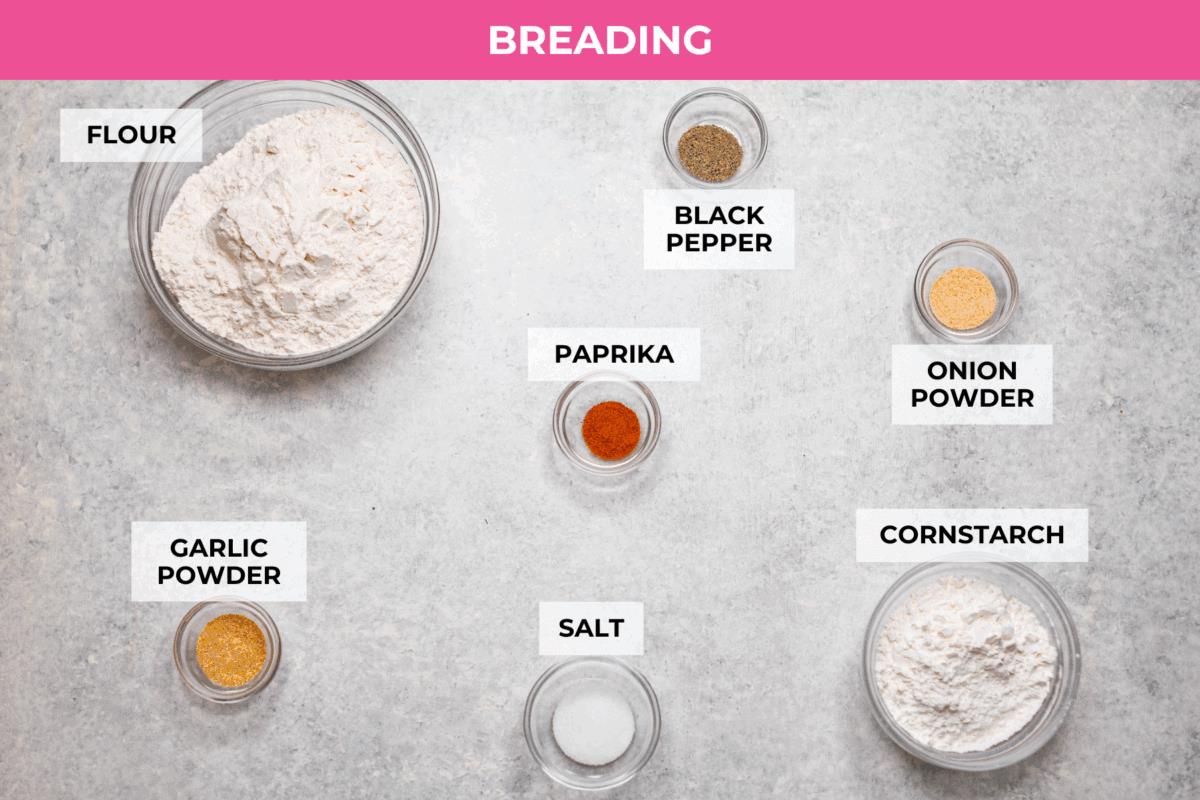 Overhead shot of labeled breading ingredients. 