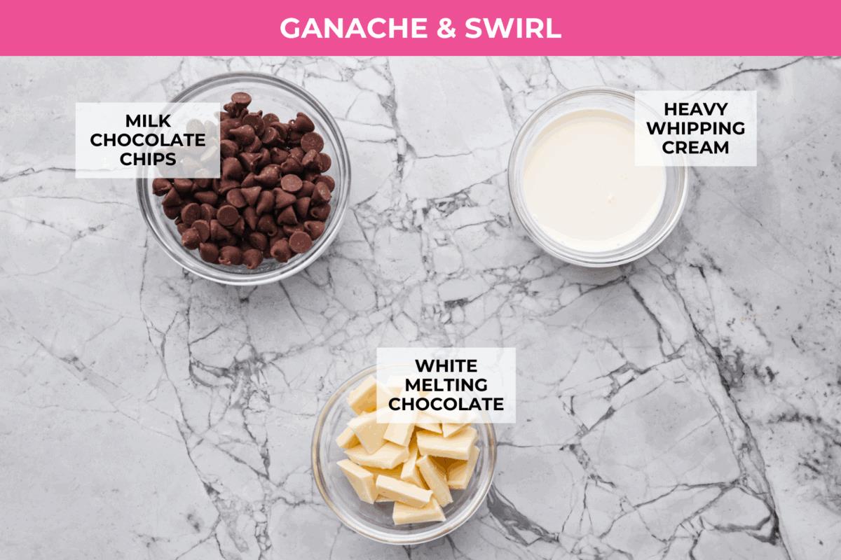 Overhead shot of labeled chocolate ganache and white chocolate swirl ingredients.