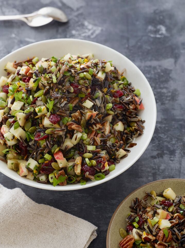 wild rice salad in white bowl