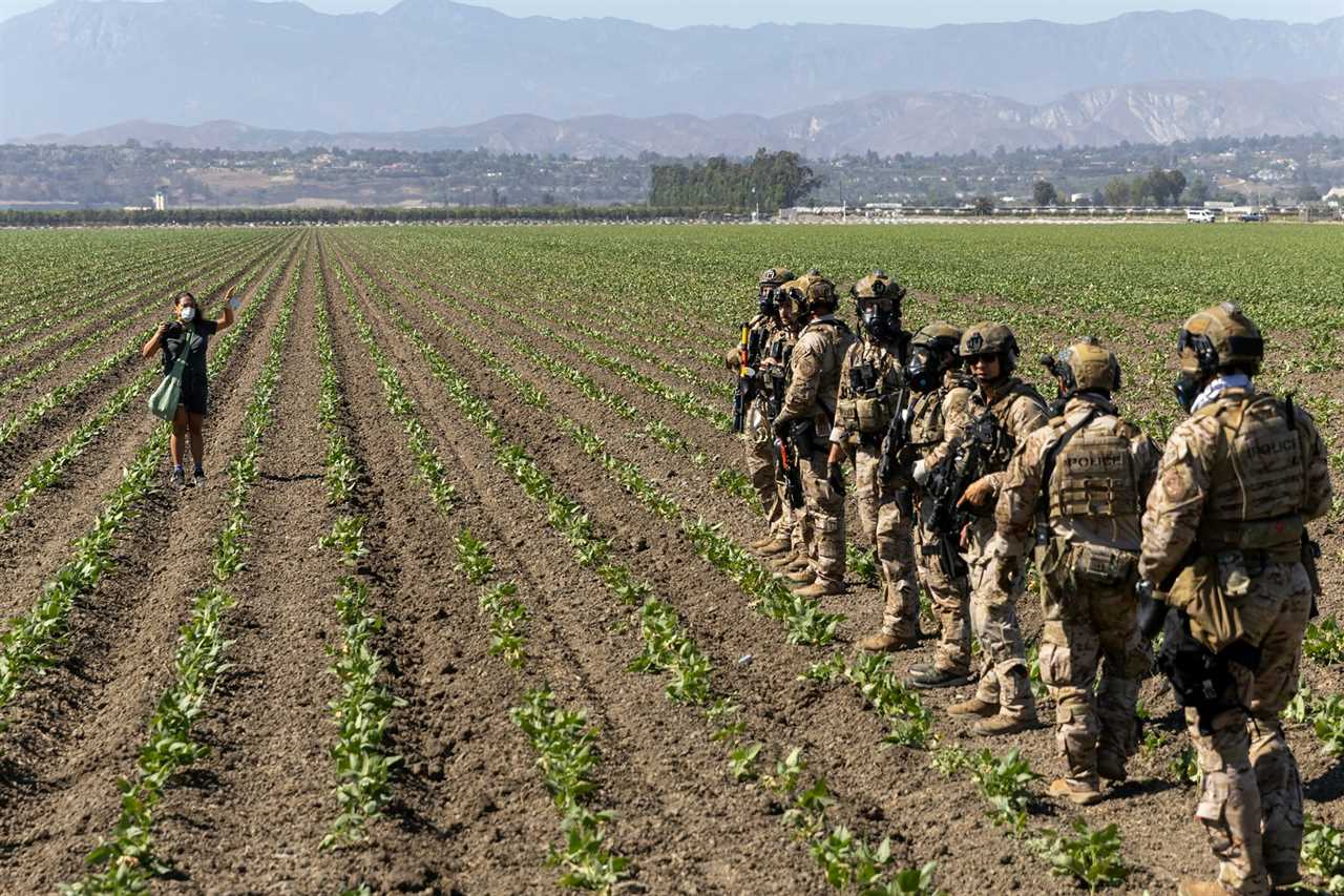 A person standing in a field raises her hands as a line of people dressed as soldiers approaches.