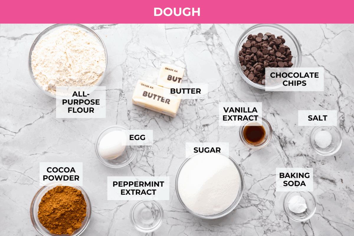 Overhead shot of labeled chocolate peppermint cookies ingredients.