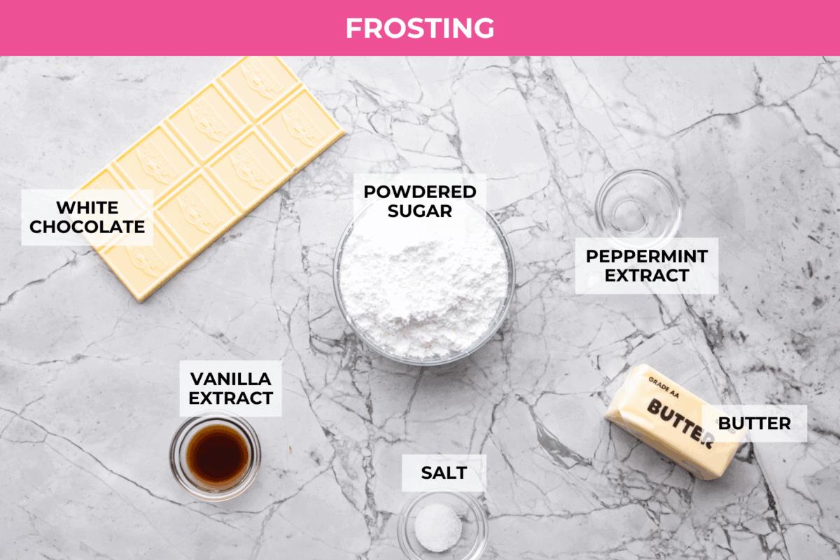 Overhead shot of labeled frosting ingredients. 