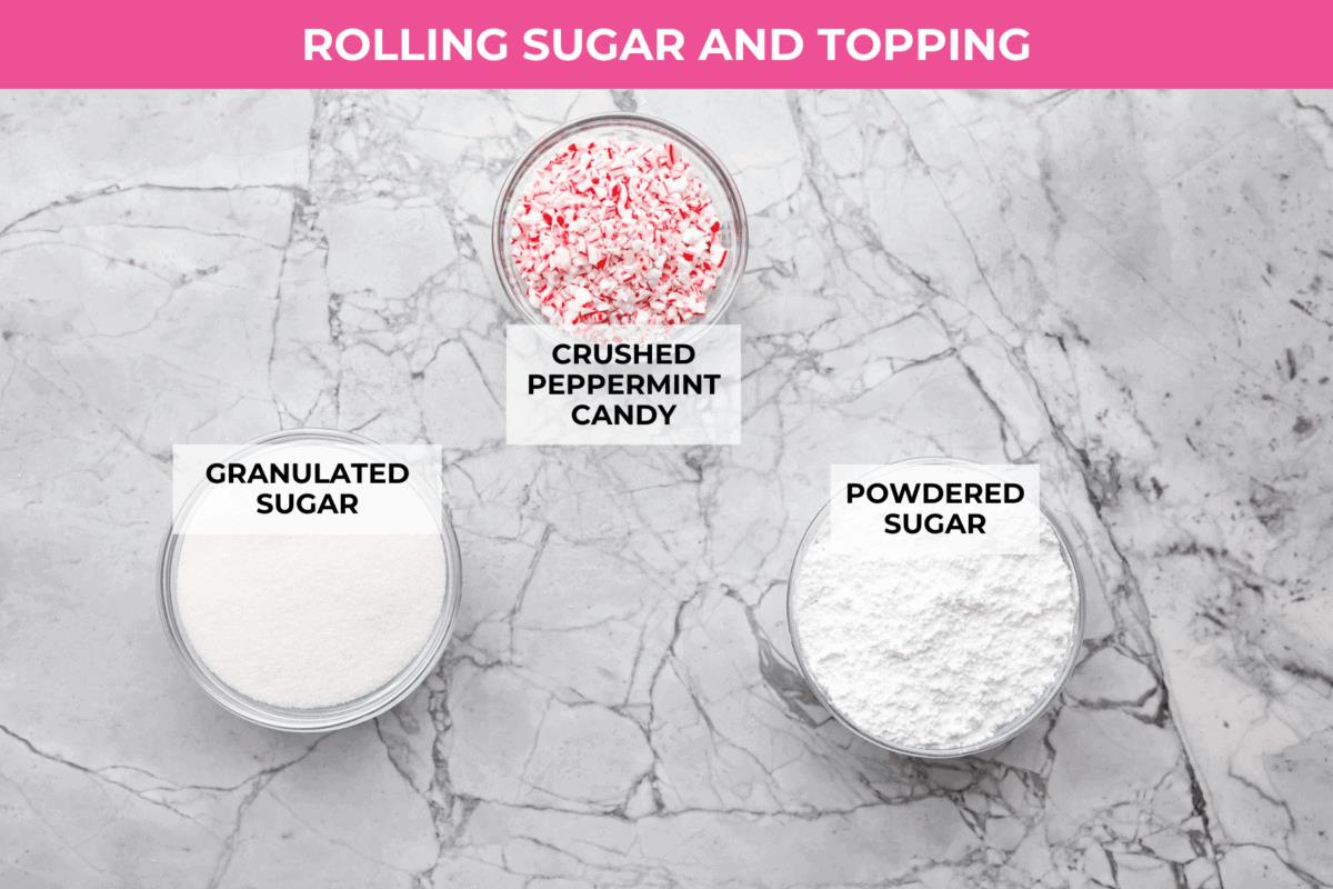 Overhead shot of labeled rolling sugar and topping ingredients. 