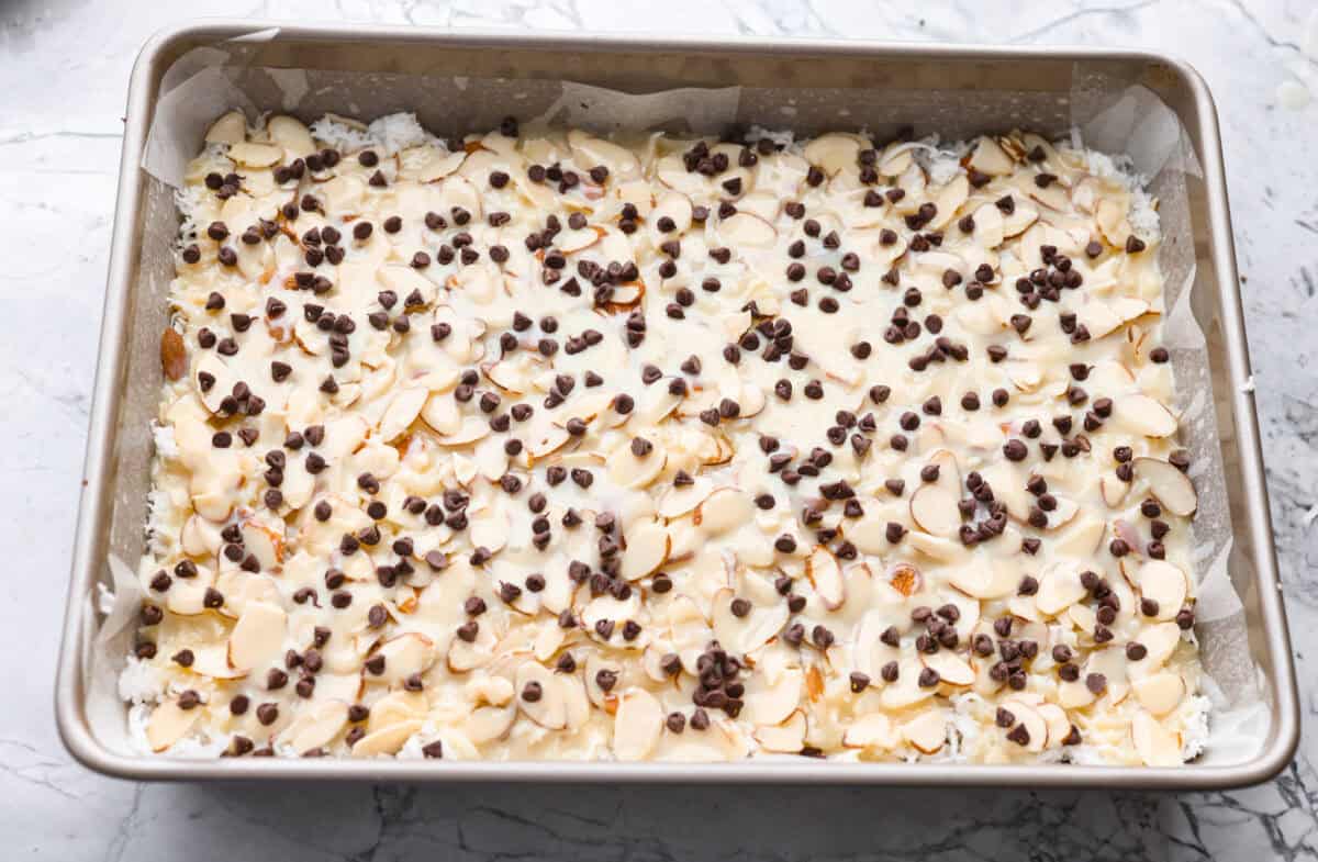 A few more chocolate chips sprinkled over the top of the sweetened condensed milk.