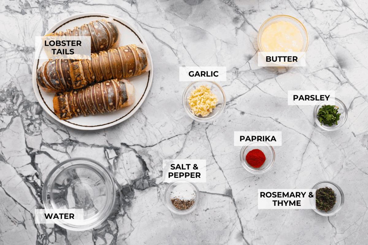 Overhead shot of labeled instant pot lobster ingredients.