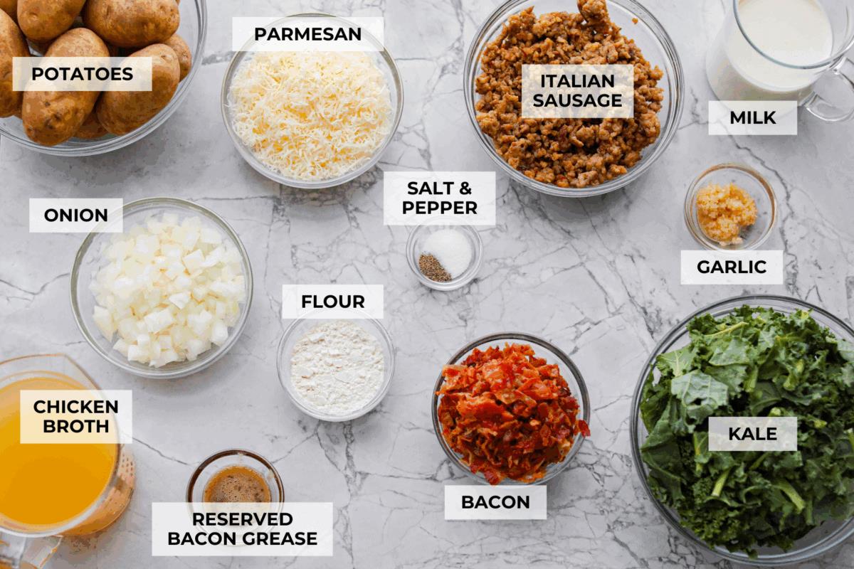 Overhead shot of labeled Zuppa Toscana casserole ingredients. 