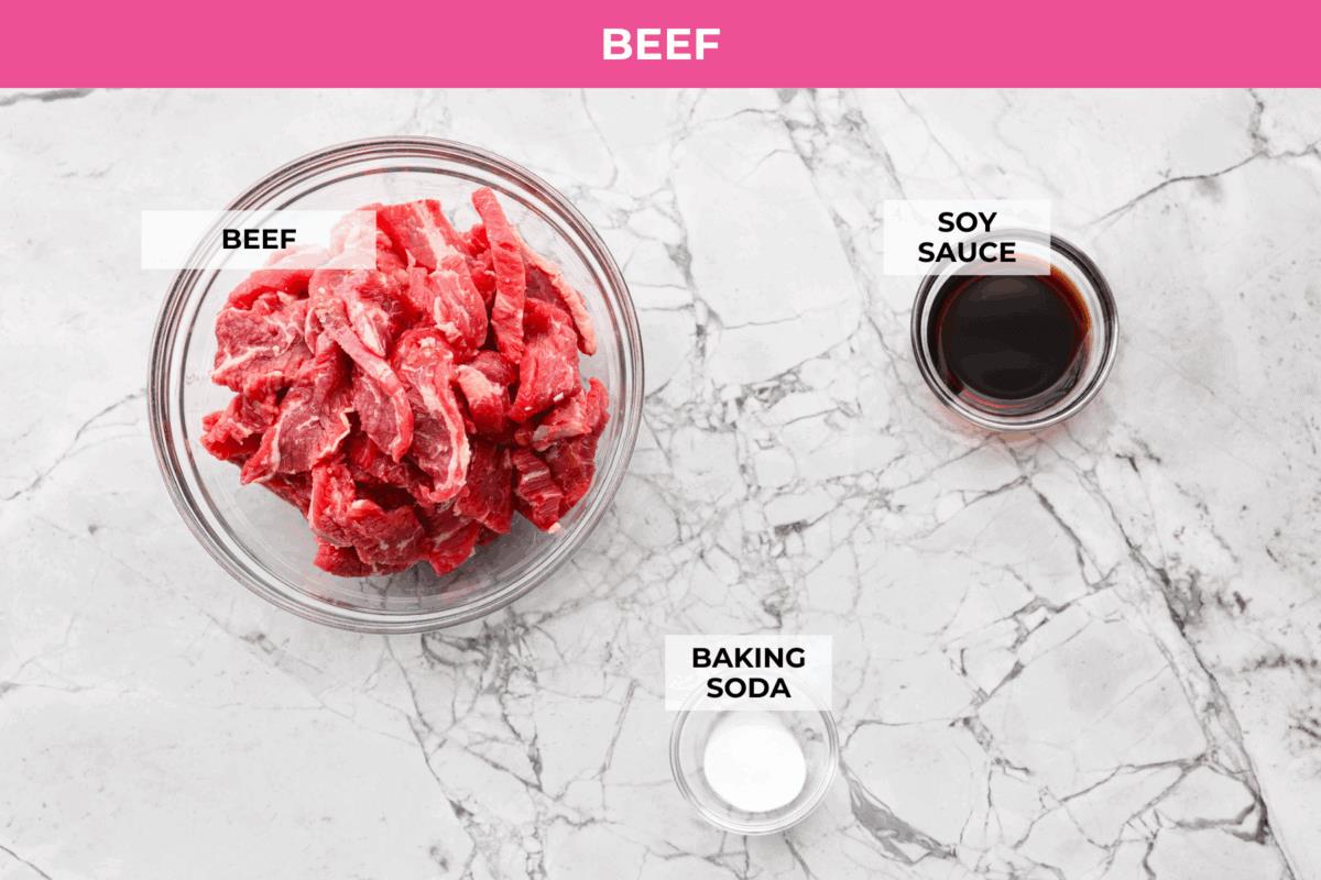 Overhead shot of beef ingredients. 