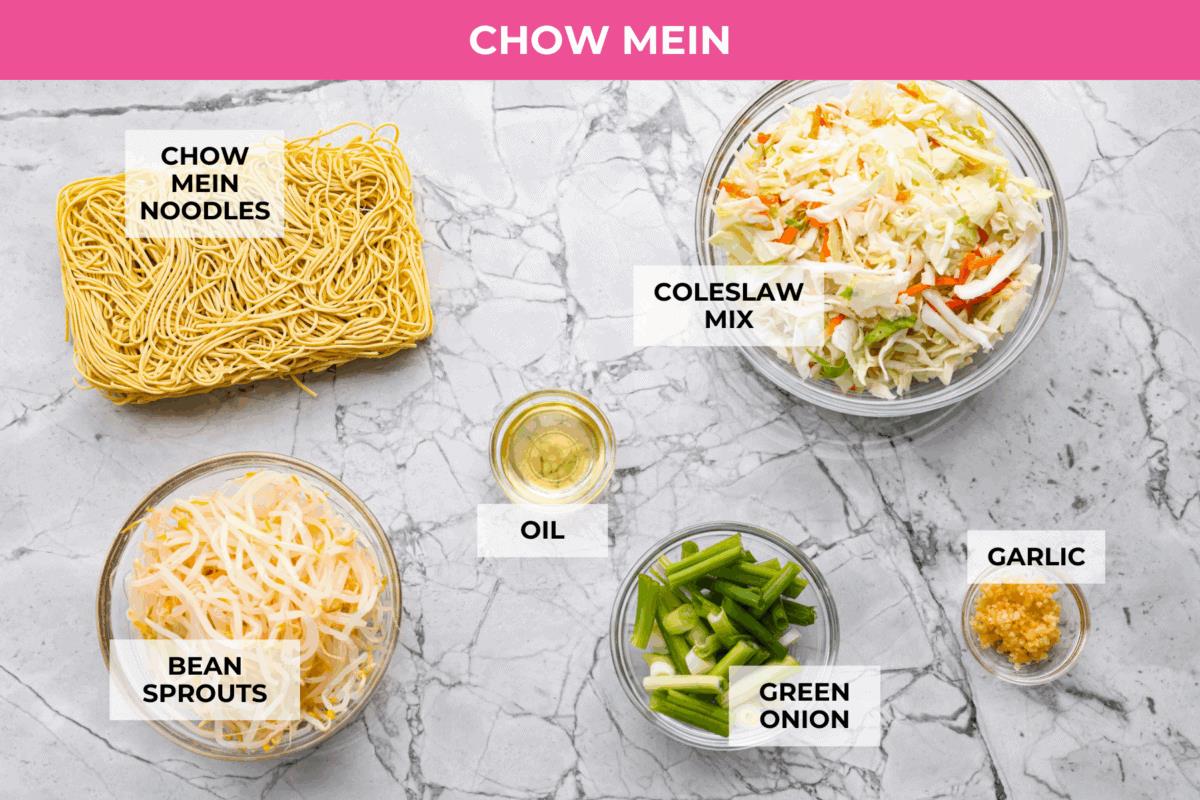 Overhead shot of chow mein ingredients. 