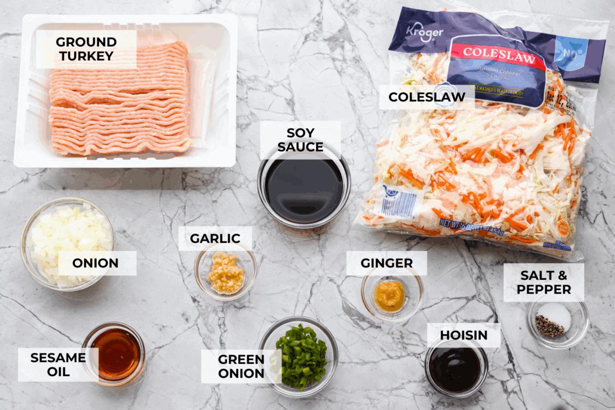 Overhead shot of labeled egg roll in a bowl ingredients. 