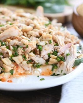 white platter with layered sesame Thai chicken dip with front part of dip scooped out