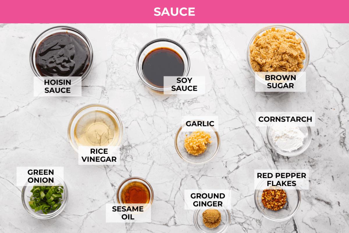 Overhead shot of labeled sauce ingredients. 