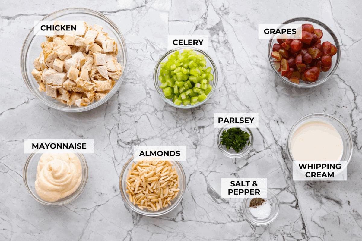 Overhead shot of labeled ingredients. 