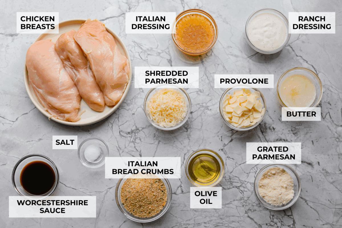 Overhead shot of labeled longhorn parmesan crusted chicken ingredients. 