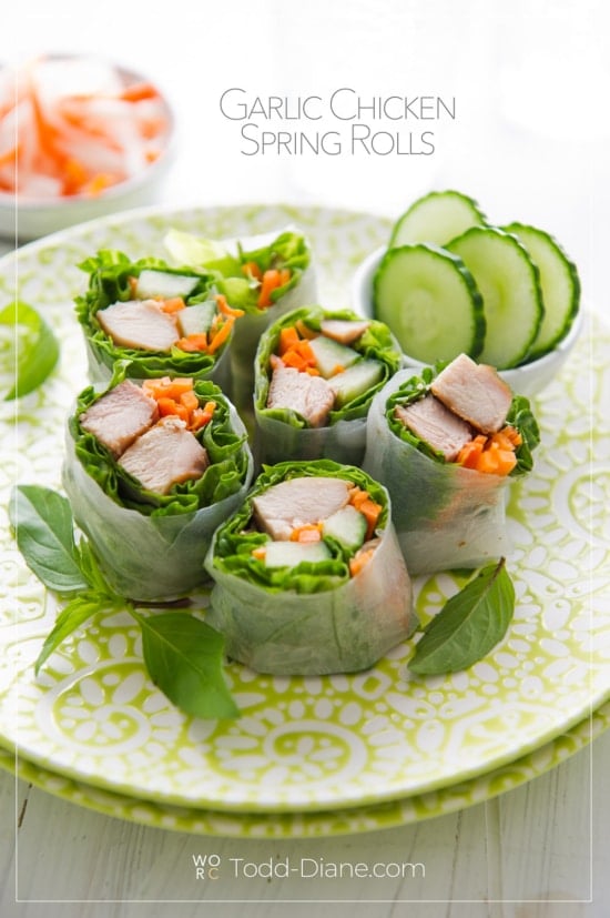 plate of cut garlic chicken spring rolls 
