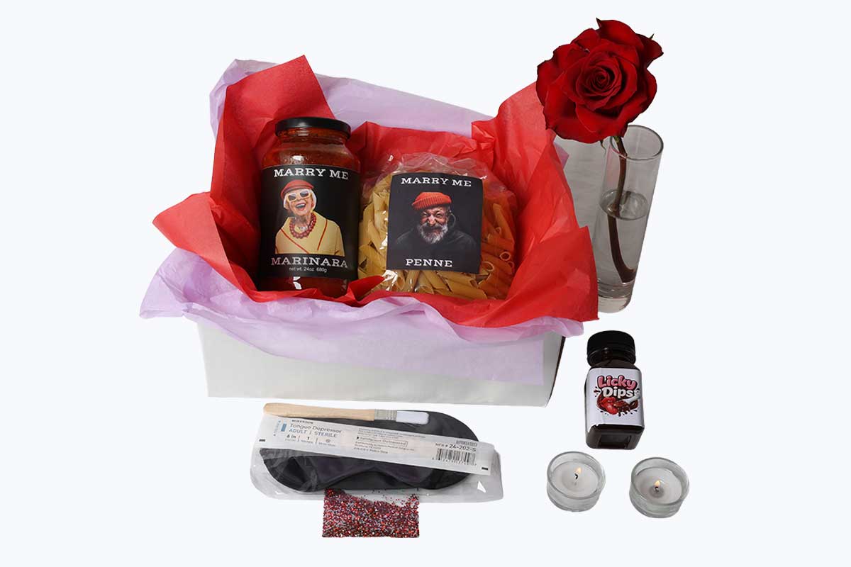Complete anniversary date night gift basket with Marry Me Marinara gourmet sauce, artisan pasta, candles, and edible chocolate paint