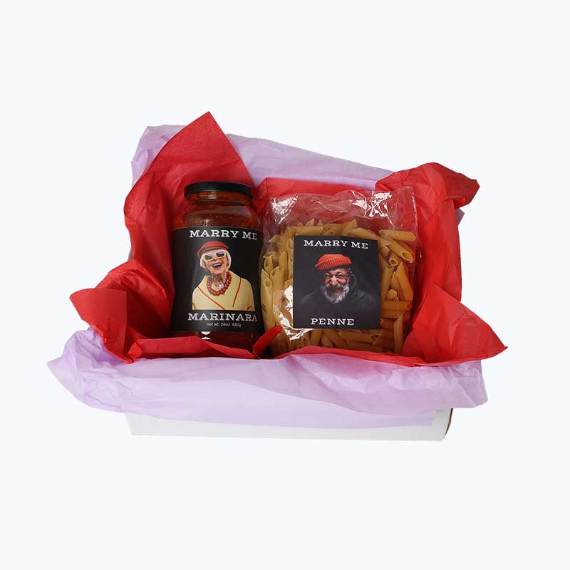 Date night gift box for couples with Marry Me Marinara artisan pasta sauce and premium pasta for easy anniversary dinner