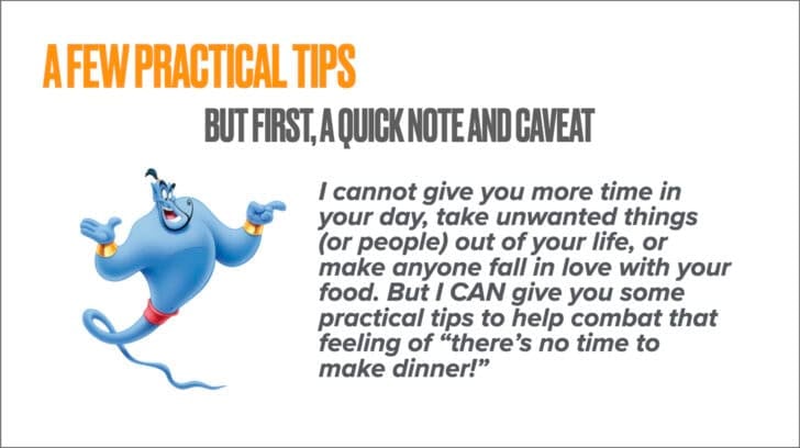 Aladdin's genie on a white background with text there's no time to make dinner.