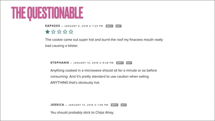 White background with the title: The Questionable and a comment thread with reviewers complaining about a microwave mug cookie.