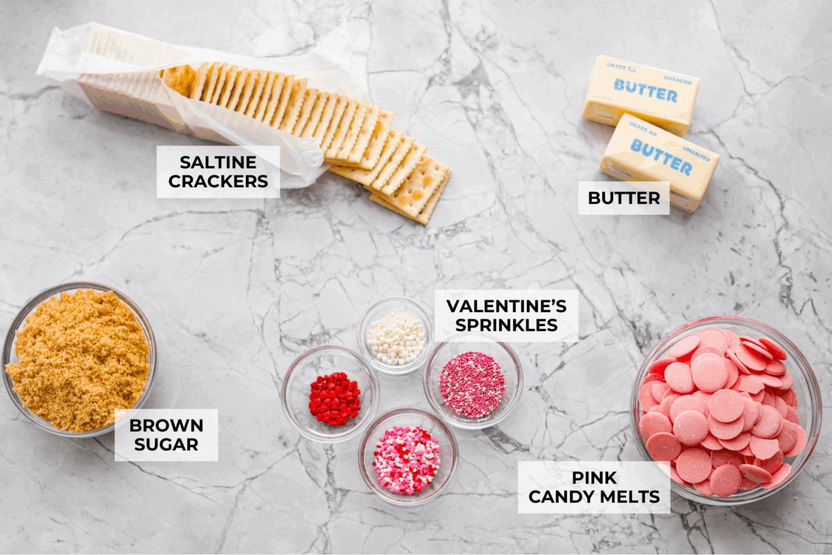 Overhead shot of labeled ingredients. 